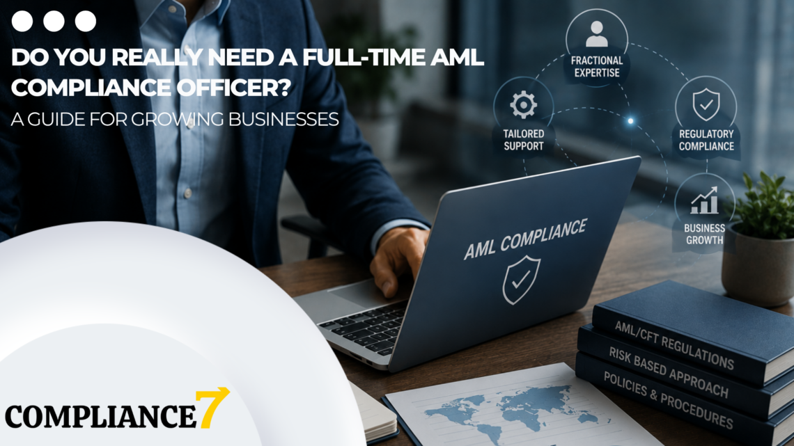 Fractional AML compliance officer reviewing regulatory documents for a growing business