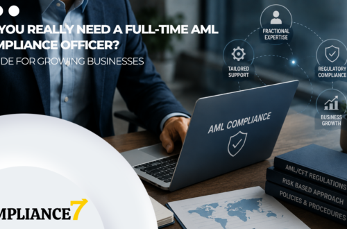 Fractional AML compliance officer reviewing regulatory documents for a growing business